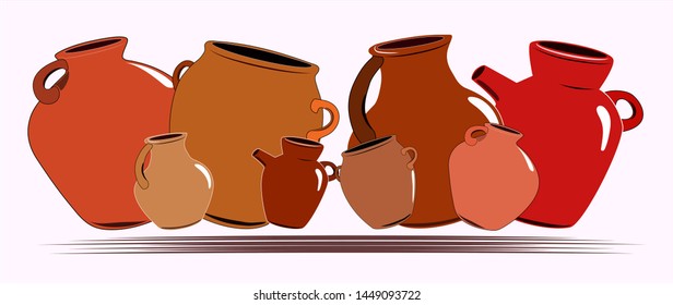 Flat drawing of ceramic jugs. Tableware for drinks. Ceramic jug. Isolated, white. Vector