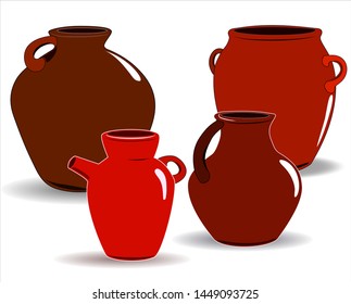 Flat drawing of ceramic jugs. Tableware for drinks. Ceramic jug. Isolated, white. Vector