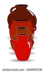 Flat drawing of ceramic jugs. Tableware for drinks. Ceramic jug. Isolated, white. Vector