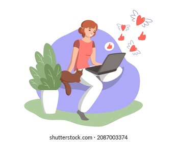 Flat drawing of a cheerful girl at the computer, positive reviews, comments. The concept of relationships, love, joy and friendship, communication and work on the Internet. Vector illustration.