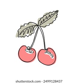 Flat drawing of cherry berries in boho style. Botanical single line colored retro drawing of vegetable. Contour line outline composition isolated on white background.