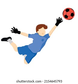 Flat drawing of a child playing goalkeeper and stretching to stop the soccer ball