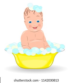 Flat drawing of a child .The child is bathing in the bath. The skin is clean. Body wash. Naked baby. Isolated, white. Vector