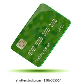 Flat drawing of a credit card, Green credit card. Credit card with a chip. Isolated, white. Vector