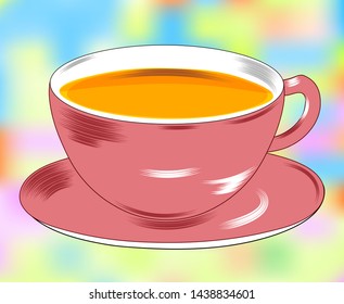 Flat drawing of a Cup and saucer . The mug is filled with tea. Tea party. Isolated. Beautiful background. Vector