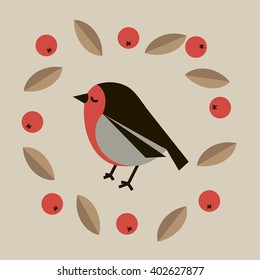 Flat drawing of cute little bird bullfinch surrounded by red rowan berries and brown leaves isolated on pastel color background / vector eps 8