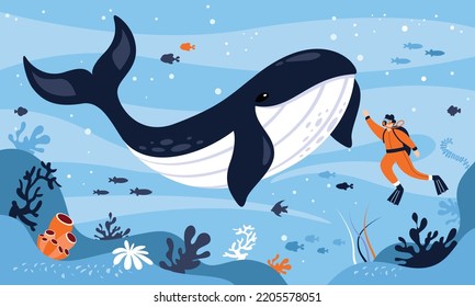 Flat Drawing Of A Diver And Whale