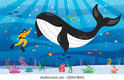 Flat Drawing Of A Diver And Whale