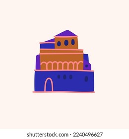 A flat drawing drawn by hand. Illustration of the building. The facade of the building on a light background.