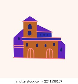 A flat drawing drawn by hand. Illustration of the building. The facade of the building on a light background.