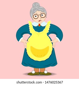 A flat drawing of an evil grandmother. Angry Granny with glasses Discontented cartoon character Granny. Isolated. Vector