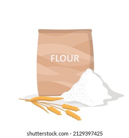 Flat drawing of flour. Composition from a package with flour, a slide of flour and grain ears. Bakery baking, confectionery and bakery. Vector illustration on white background.