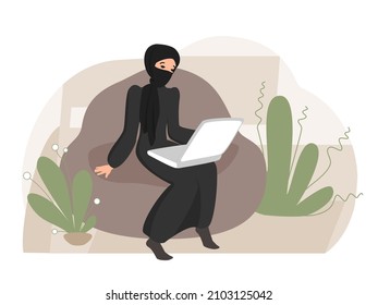 Flat drawing of a girl in a hijab at a laptop. Online learning, remote communication and video conferencing. Flat vector illustration.