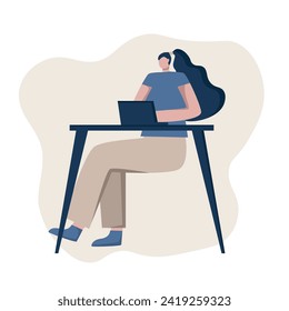 flat drawing of a girl working at a laptop. work from home as a freelancer
