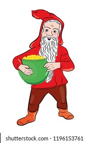 Flat drawing of a gnome. A small man carries a pot of gold. Beard and mustache. Pot full of money. The dwarf brings money. Isolated, white . vector.