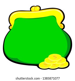 Flat drawing of a green wallet. Gold coins, cents. Isolated, white. Vector