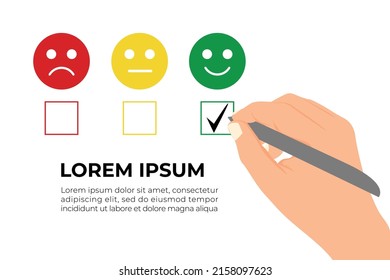 Flat drawing of a hand filling out a satisfaction survey. Icons of sad and happy faces representing customer satisfaction