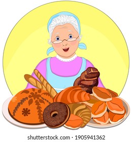 A flat drawing of a happy grandmother with pies . Grandmother in glasses, apron. Buns, pies, bread, baguette. Isolated. vector