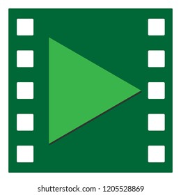 flat drawing icon of a green play symbol, triangle with shadow, on analog photo negative film