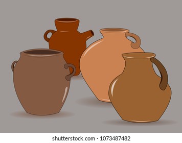 Flat drawing of a jug. A set of earthenware jugs.Tableware for drinks. Gray. Vector