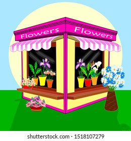 Flat drawing of a kiosk with flowers. Small business. Showcase of flowers. The flowers in the vases. Vector