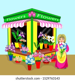 Flat drawing of a kiosk with flowers. Small business. Window with flowers. Flower seller.. Vector
