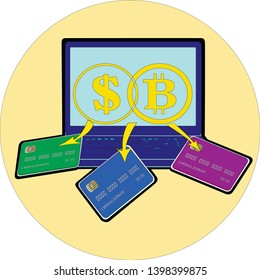 Flat drawing of the laptop . The dollar and the concept of income on the Internet. Dollar coin . Working at a computer on the Internet. Isolated, white . Vector