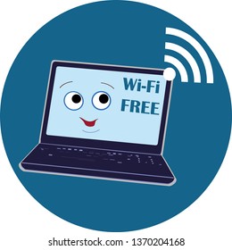 Flat drawing of a laptop with a face. Sign, symbol of free wi-fi . Vector.