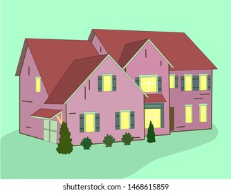 Flat drawing of a large house. Cottage building with Windows. Red roof. Isolated. Vector