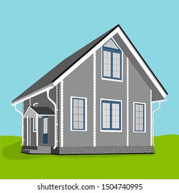 Flat drawing of a large house. Cottage building with Windows. Red roof. Isolated. Vector