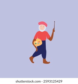 Flat drawing of painter character Woman Holding Palette and Acrylic Paint Brush