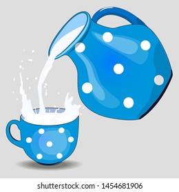 Flat drawing of a red jug. Dishes for liquid. Pour the milk from the jug. Blue polka-dot mug with milk. Grey, isolated. Vector.