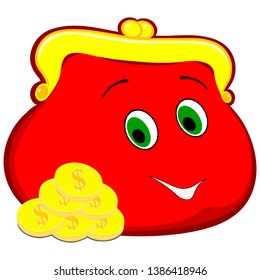Flat drawing of a red wallet. Wallet with eyes .Smiling cartoon wallet.A bunch of dollar-cent coins. Isolated, white. Vector