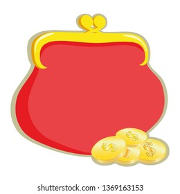 Flat drawing of a red wallet. Gold coins, cents. Isolated, white. Vector