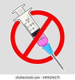 Flat drawing Refusal of vaccination, drugs, stop Sign. Icon medical syringe concept of stopping vaccination, injection. Isolated. Vector