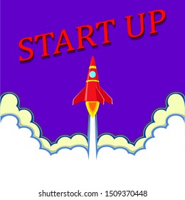Flat drawing of the rocket. Business startup . The rocket takes off to the stars. Startup name in red letters. Vector