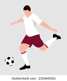 Flat drawing of a soccer player hitting a soccer ball. Sportsman taking a penalty kick to score a goal in a match