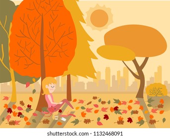 flat drawing vector cute girl sleeping under a tree in warm Autumn season