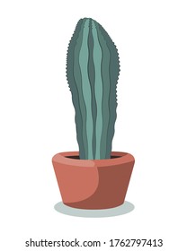 Flat drawing of a vertical potted cactus. Houseplant. Green cactus in a pot. Isolated Vector on white.