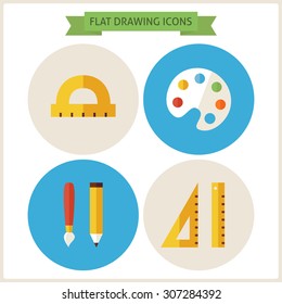 Flat Drawing Website Icons Set. Vector Illustration. Flat Circle Icons for web. School and Education. Collection of Education Objects. Drawing Tools. Back to School Concept 