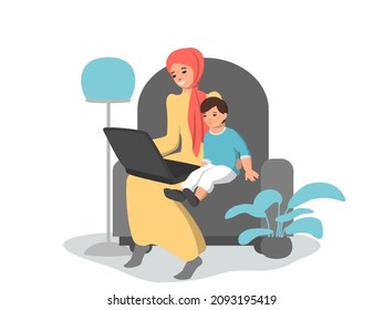 Flat drawing of a woman in a hijab with a child at her laptop. Watching educational videos and cartoons online, socializing, lessons and games online, video conferencing. Vector illustration.
