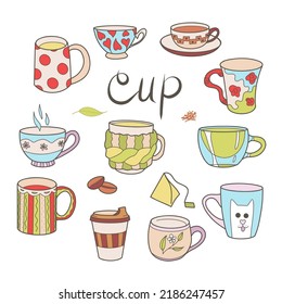 flat drawings, cup elements set fun cups for tea and coffee