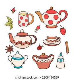 Flat drawings, cup and teapot set, fun cups for tea and coffee