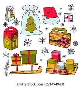 Flat drawings New Year, Christmas decorations gifts