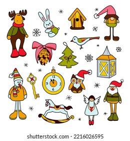 Flache Zeichnungen Neues Jahr, Weihnachtsdekorationen, Spielzeug