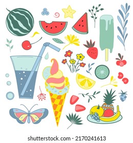 Flat drawings, a set of summer sweets and flowers vector