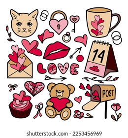 flat drawings, a set for Valentine s Day, February 14