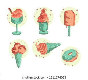 Flat drawn ice-cream collection. Hand drawn vector delicious ice-cream desserts. Flat stylized design collection for any purposes