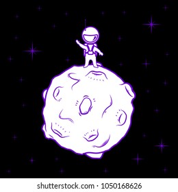Flat drawn vector black background. Cute cartoon spaceman discover the moon with craters and violet stars in the dark sky. 