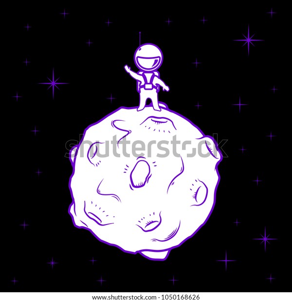 Flat\
drawn vector black background. Cute cartoon spaceman discover the\
moon with craters and violet stars in the dark sky.\

